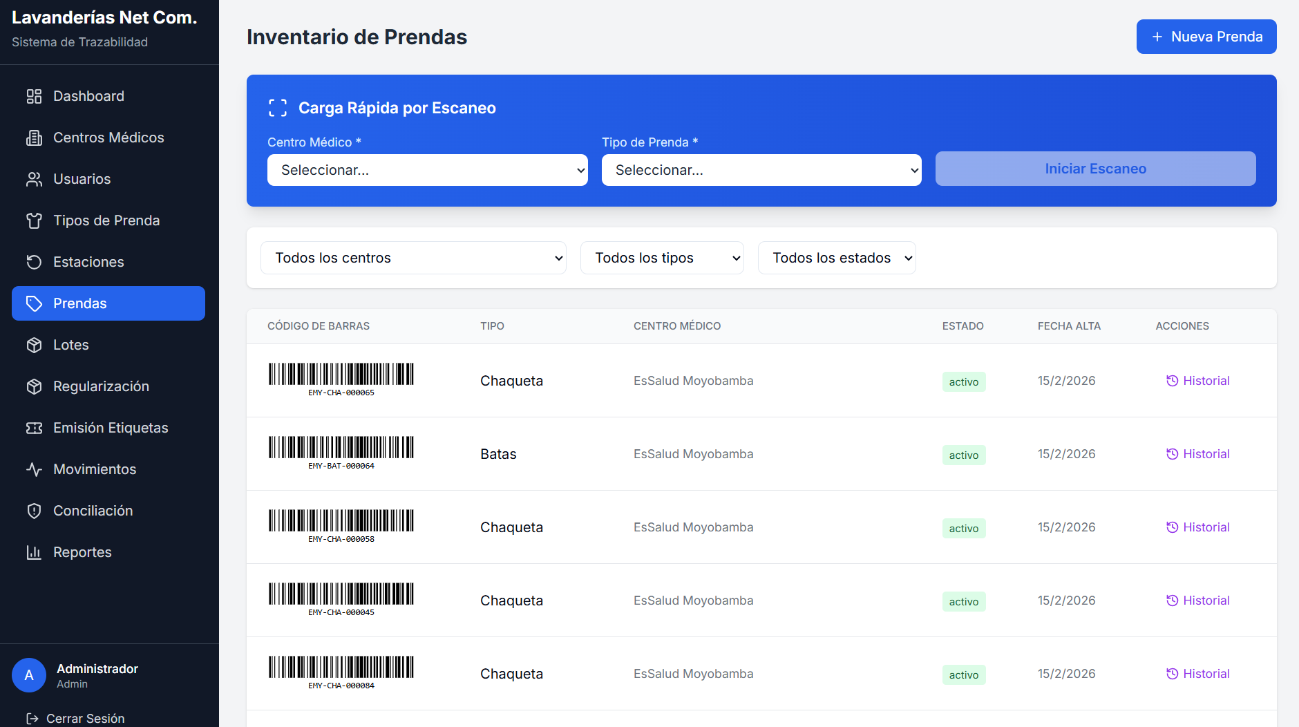 Sistema de trazabilidad de prendas de Lavanderías Net Com para EsSalud